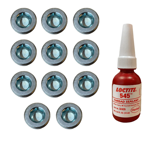 Power Driven Diesel 24V Cylinder Head Thread-In Freeze Plug Kit, 12 blue metal plugs and Loctite 545 sealant bottle