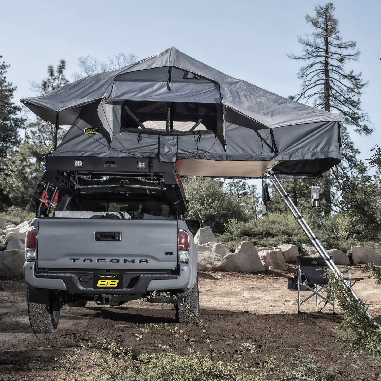 Gen2 Overlander XL gray tent by Smittybilt on a Toyota Tacoma roof rack