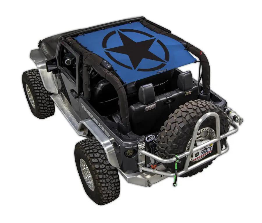 Sun shade top for Jeep Wrangler JK 2-Door by SpiderWebShade, blue with black star logo