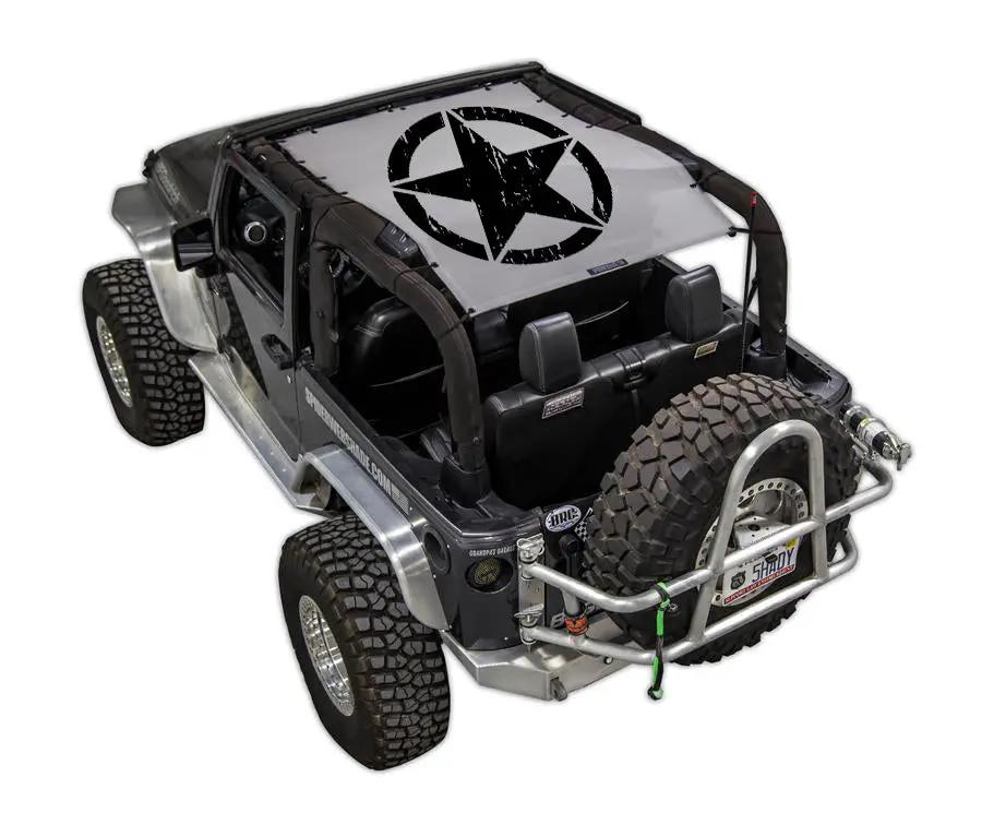 Sun shade for Jeep Wrangler JK 2-Door by SpiderWebShade; white stock printed shade top with black star logo