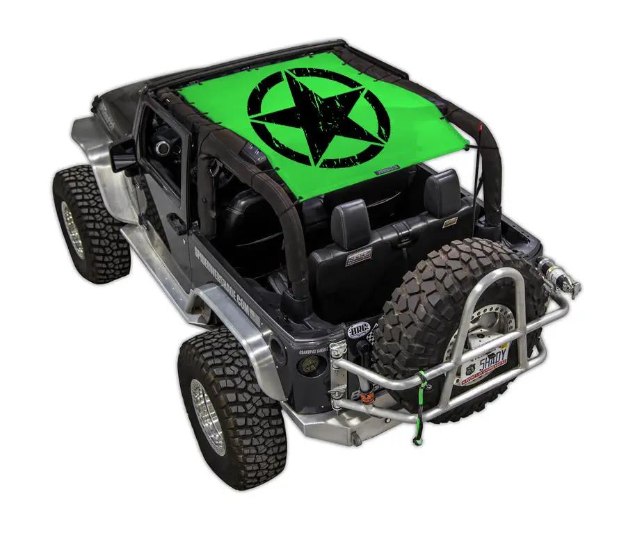 SPIDERWEBSHADE Sun Shade for Jeep Wrangler JK 2-Door; bright green top with black star graphic