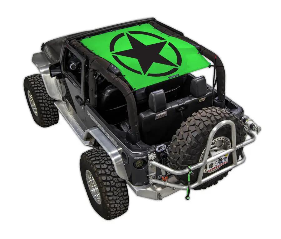 Sun shade top for Jeep Wrangler JK 2-Door by SPIDERWEBSHADE, green printed shade with black star logo