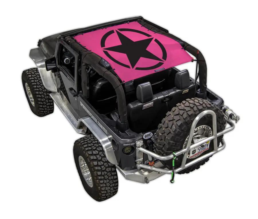 Sun Shade for Jeep Wrangler JK 2-Door by SpiderWebShade, pink stock printed shade top with black star logo