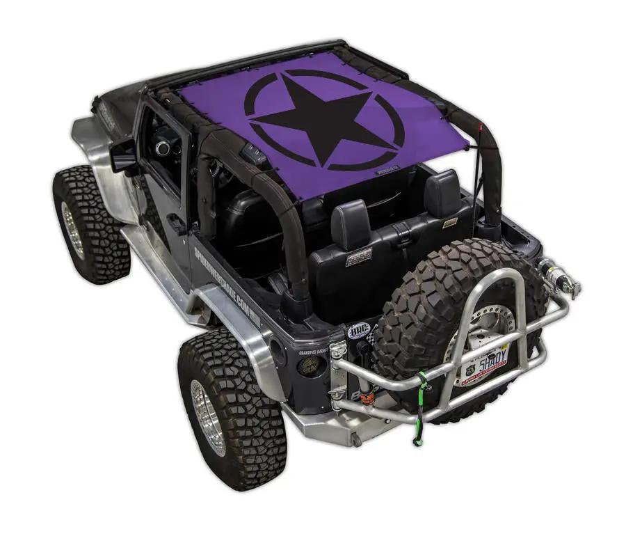 Sun shade for Jeep Wrangler JK 2-Door by SPIDERWEBSHADE, purple stock-printed shade top with black star logo