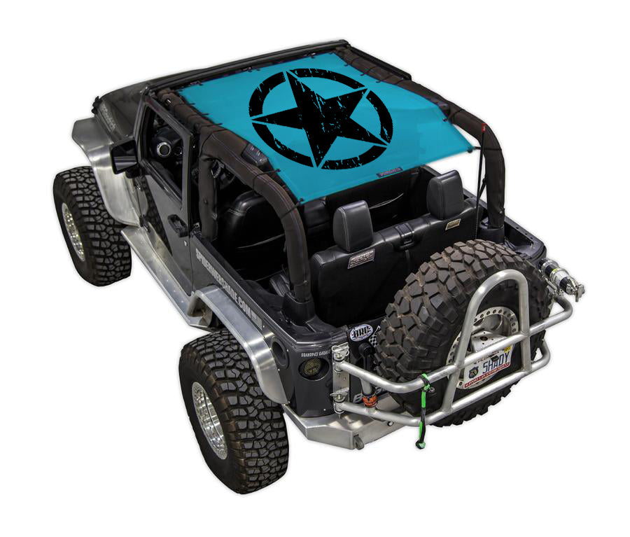 Sun shade top for Jeep Wrangler JK 2-Door by SPIDERWEBSHADE, blue printed shade with star logo