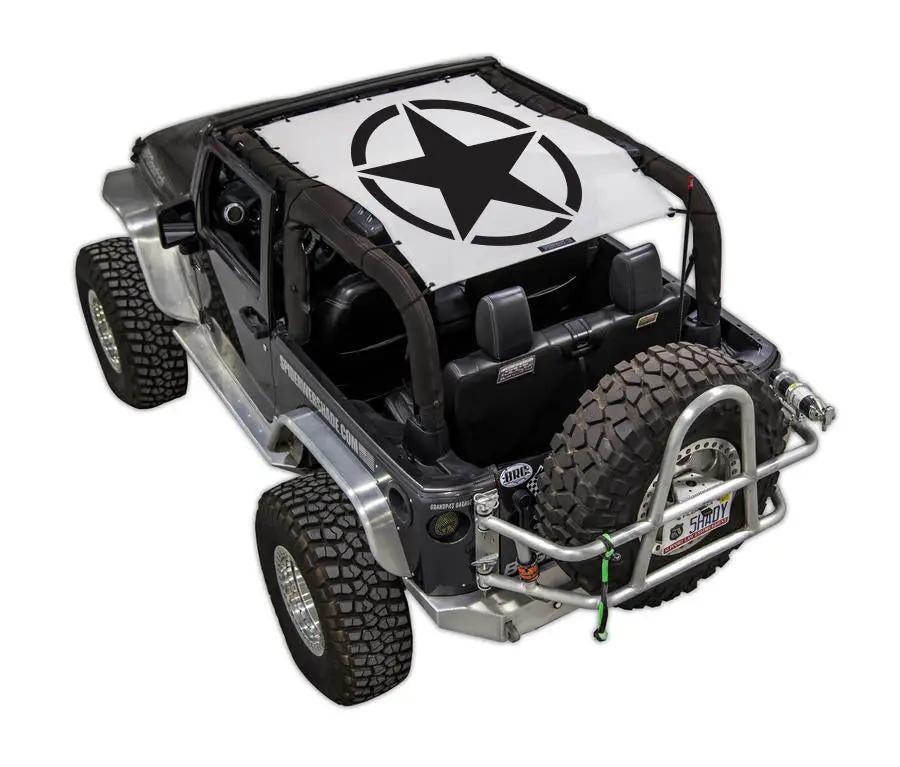 Sun Shade for Jeep Wrangler JK 2-Door by SPIDERWEBSHADE, white printed shade top with black star logo