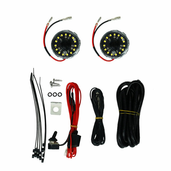 KC Hilites Cyclone LED Universal 2-Light Under Hood Wiring Kit with two round black LED modules and red/black wires