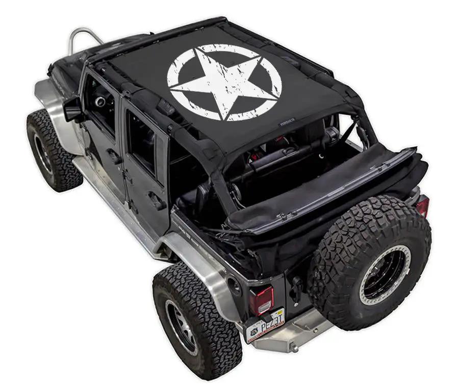Sun shade for Jeep Wrangler JKU 4-Door by SpiderWebShade, black with white star circle print