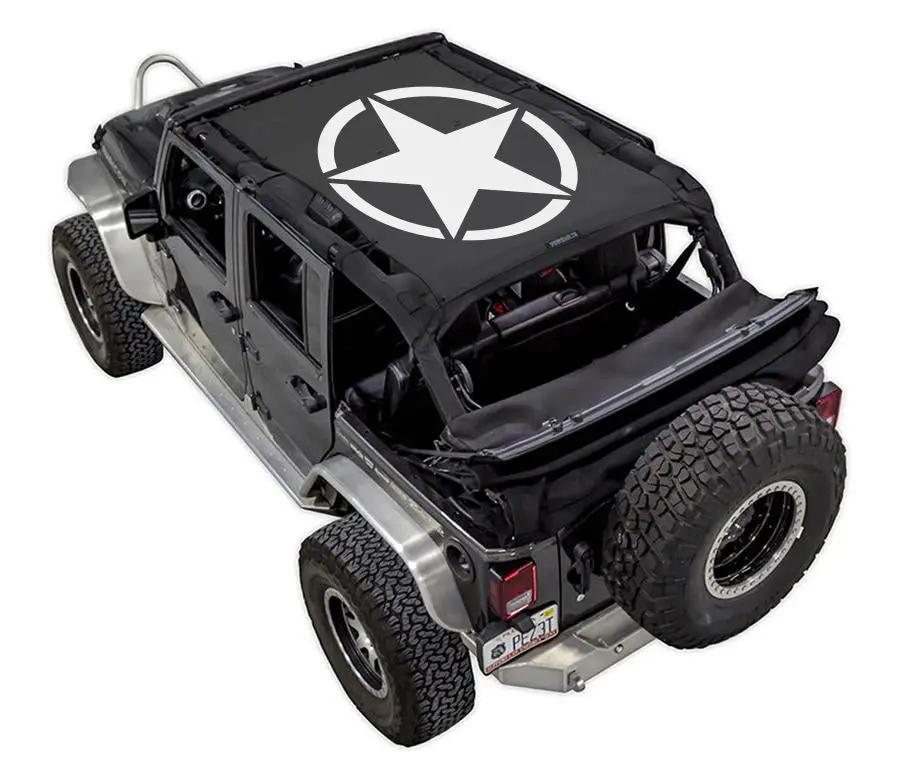 Sun shade top for Jeep Wrangler JKU 4-Door by SpiderWebShade, black fabric with white star logo