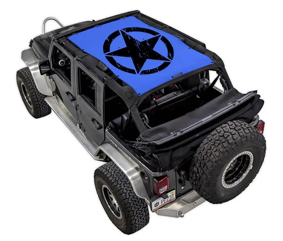 Sun shade top for Jeep Wrangler JKU 4-Door by SPIDERWEBSHADE, blue stock print with black star emblem