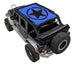 SpiderWebShade sun shade for Jeep Wrangler JKU 4-Door, blue stock-printed shade top.