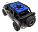 SpiderWebShade sun shade for Jeep Wrangler JKU 4-Door, blue stock-printed shade top.