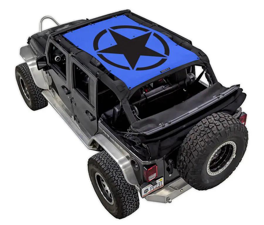 SpiderWebShade sun shade for Jeep Wrangler JKU 4-Door, blue stock-printed shade top.