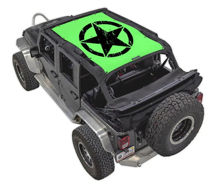 SPIDERWEBSHADE sun shade for Jeep Wrangler JKU 4‑door; neon green printed top with black star logo