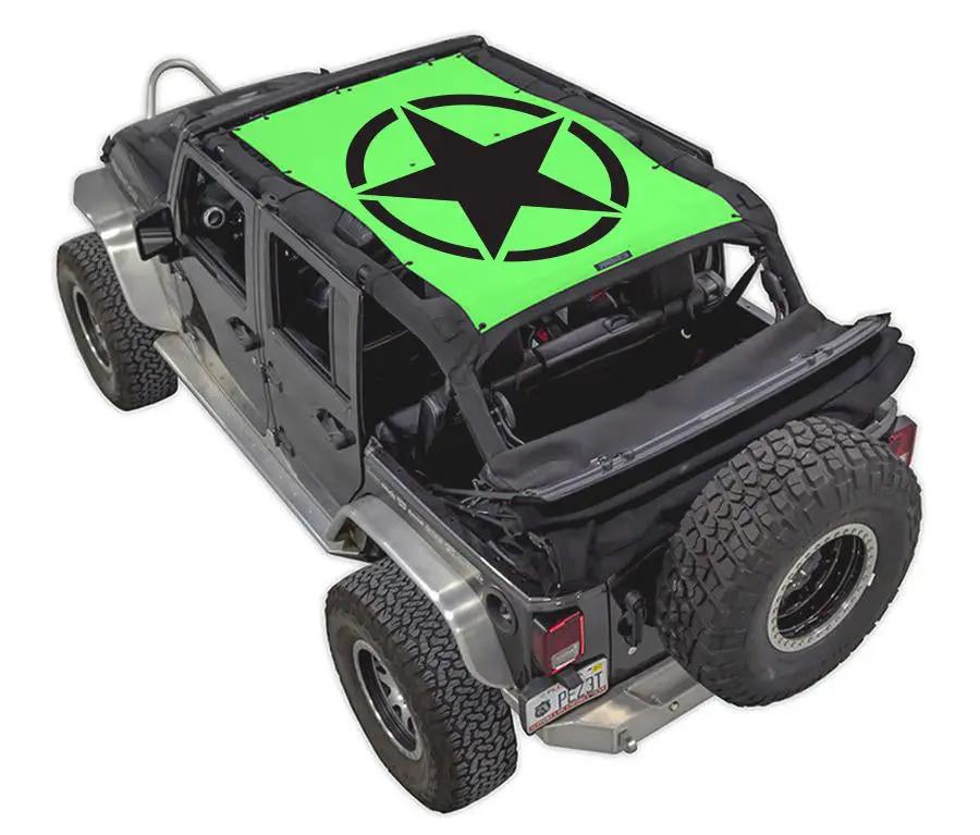 Sun shade by SpiderWebShade for Jeep Wrangler JKU 4-Door (2007–2017); neon green printed top with black star logo.