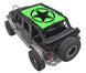 Sun shade by SpiderWebShade for Jeep Wrangler JKU 4-Door (2007–2017); neon green printed top with black star logo.