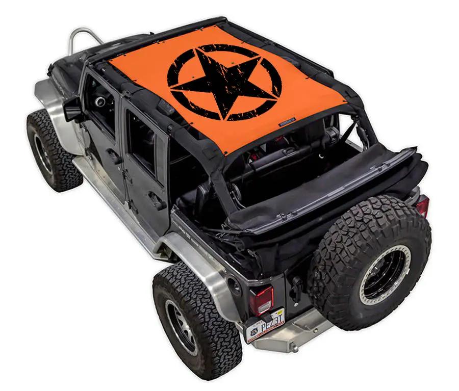 Sun shade SpiderWebShade for Jeep Wrangler JKU 4-Door; orange printed top with black star emblem on a rugged off-road SUV