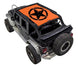 Sun shade SpiderWebShade for Jeep Wrangler JKU 4-Door; orange printed top with black star emblem on a rugged off-road SUV