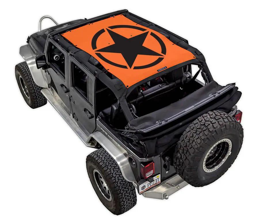 Sun shade for Jeep Wrangler JKU 4-Door by SpiderWebShade, orange top with black star logo.