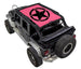 Sun shade for Jeep Wrangler JKU 4-Door by SpiderWebShade, pink printed shade top with black star emblem