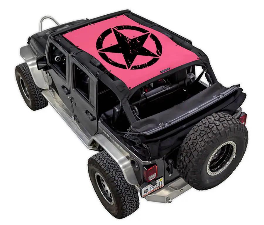 Sun shade for Jeep Wrangler JKU 4-Door by SpiderWebShade, pink printed shade top with black star emblem