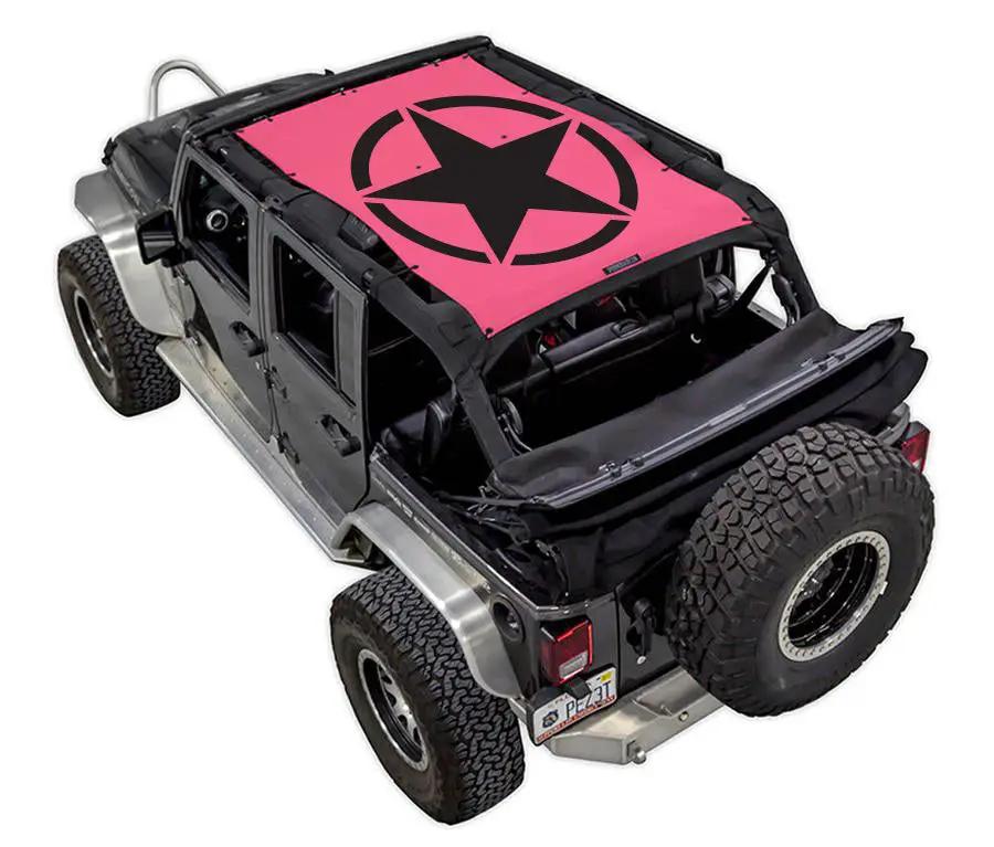 Sun shade for Jeep Wrangler JKU 4-Door by SPIDERWEBSHADE; pink printed top with black star logo