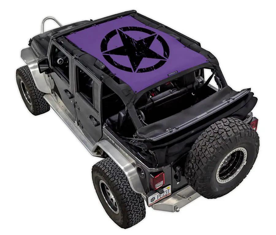 Sun shade for Jeep Wrangler JKU 4-Door by SPIDERWEBSHADE; purple top with black star logo
