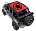 SpiderWebShade sun shade for Jeep Wrangler JKU 4-Door, red printed top with black star logo.