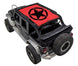 SpiderWebShade sun shade for Jeep Wrangler JKU 4-Door, red printed top with black star logo.