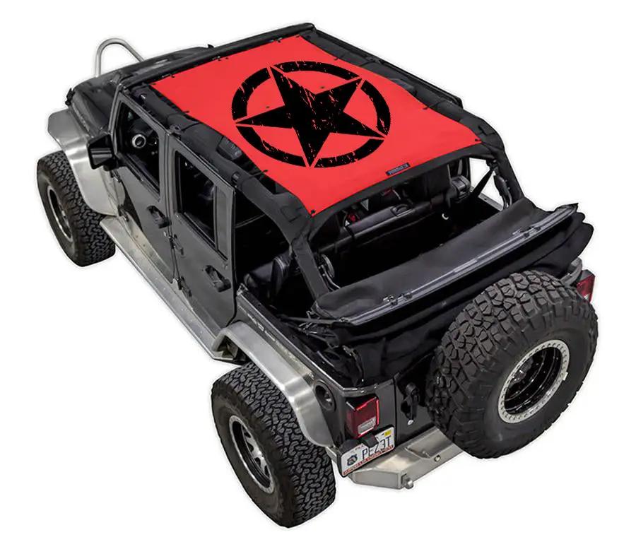 SpiderWebShade sun shade for Jeep Wrangler JKU 4-Door, red printed top with black star logo.