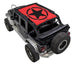 Sun shade top by SpiderWebShade for Jeep Wrangler JKU 4-Door, red printed shade with bold black star logo, 2007–2017