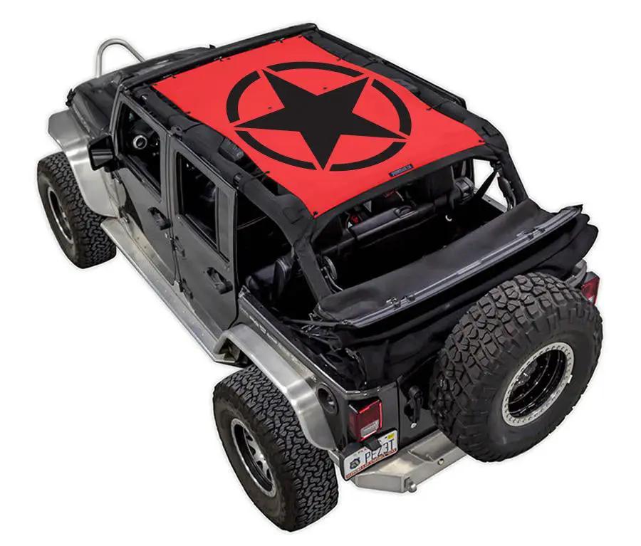 Sun shade top by SpiderWebShade for Jeep Wrangler JKU 4-Door, red printed shade with bold black star logo, 2007–2017