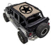 Sun shade for Jeep Wrangler JKU 4-Door by SPIDERWEBSHADE; beige stock-printed top with black star logo.