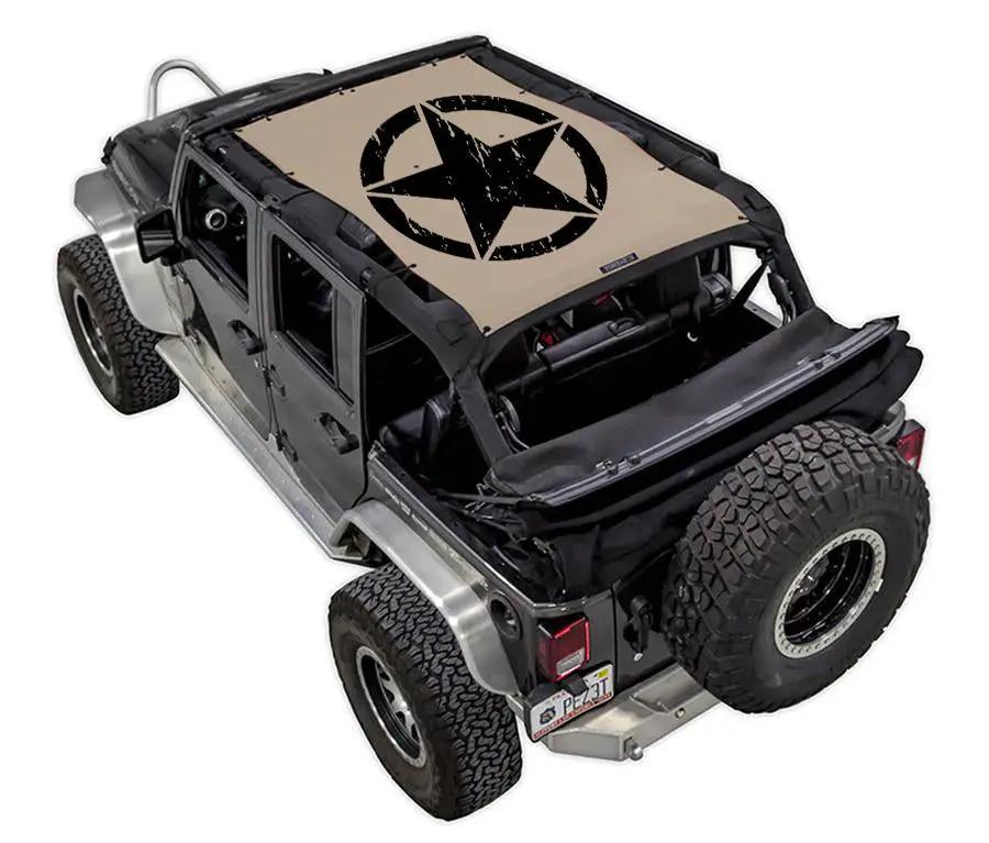 Sun shade for Jeep Wrangler JKU 4-Door by SPIDERWEBSHADE; beige stock-printed top with black star logo.