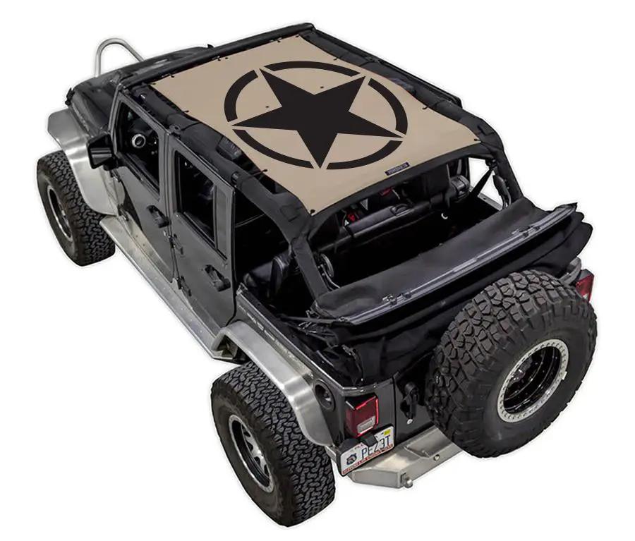 Sun shade top for Jeep Wrangler JKU 4-Door by SpiderWebShade, beige stock print with black star logo.