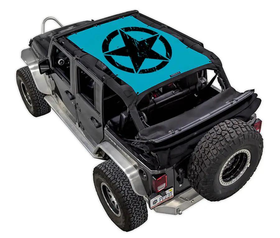 Sun shade top for Jeep Wrangler JKU 4-Door by SpiderWebShade, blue with black star logo