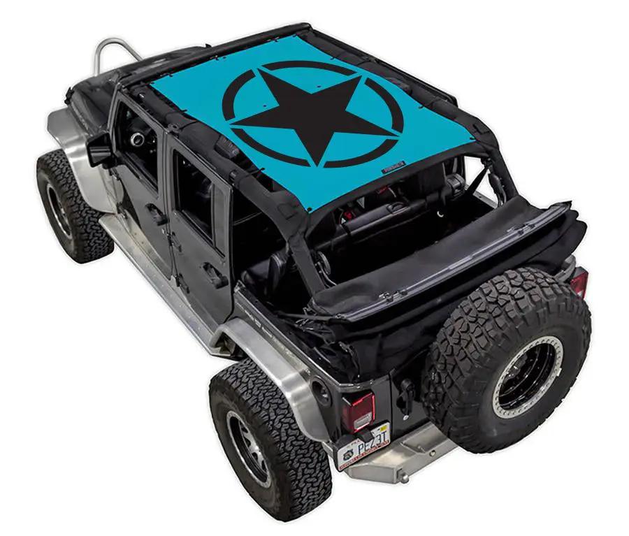 Sun shade top for Jeep Wrangler JKU 4-Door by SpiderWebShade, turquoise with black star logo
