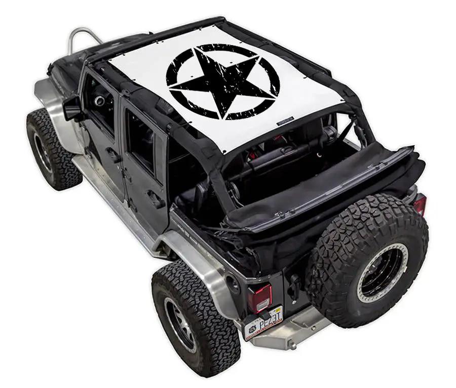 Sun shade for Jeep Wrangler JKU 4-Door by SpiderWebShade, white stock printed top with black star logo
