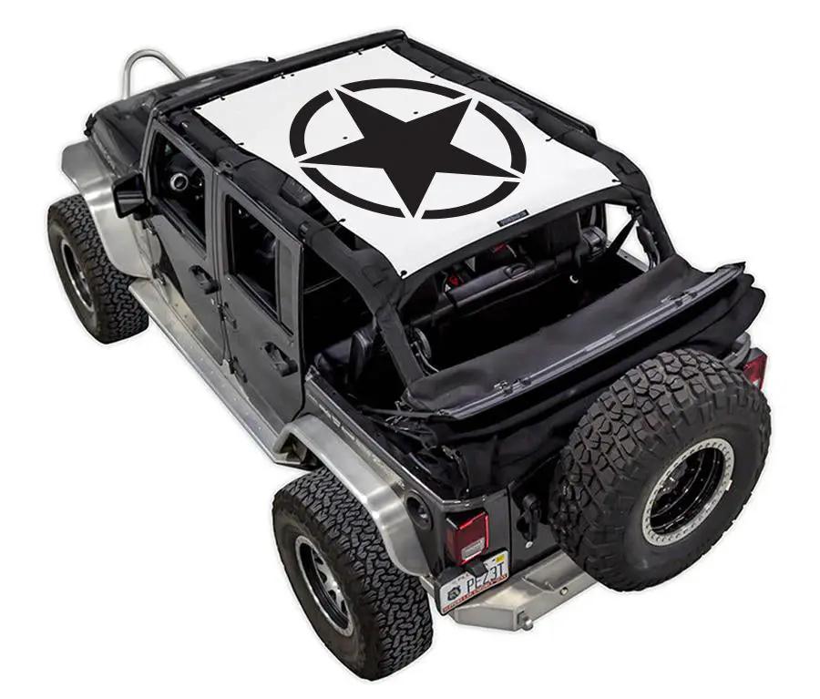 Sun shade top for Jeep Wrangler JKU 4-Door by SpiderWebShade, white stock print with black star logo