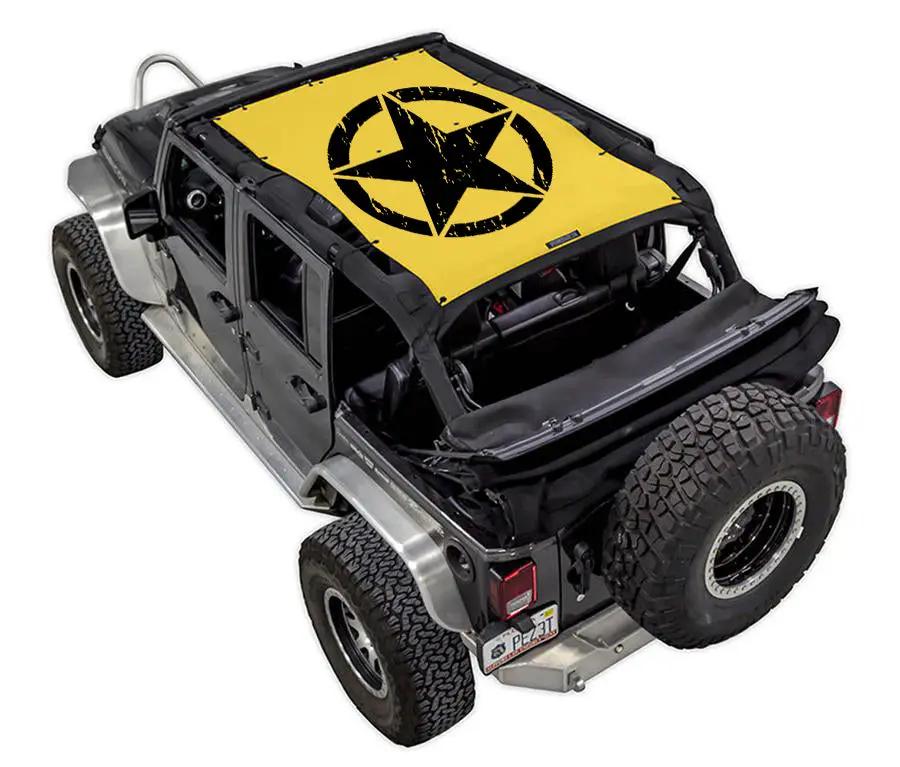 SpiderWebShade sun shade for Jeep Wrangler JK 4-Door (2007–2017), yellow top with black star logo.
