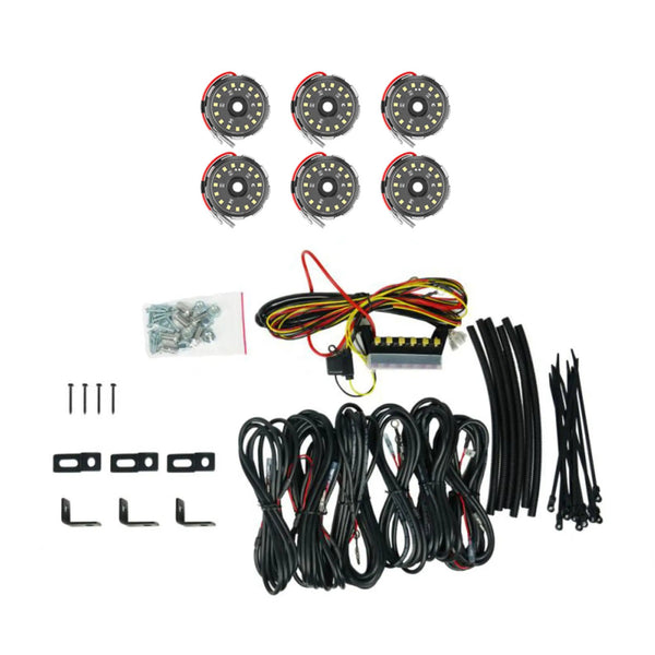 KC Hilites Cyclone V2 Rock Light Kit 6-Light System, six round LED rock lights with clear lenses and red wiring