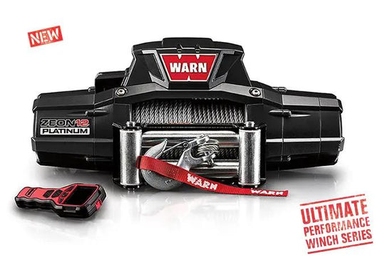 Warn Zeon Platinum 12K Winch 92820 with remote control, black housing, synthetic rope, steel hook