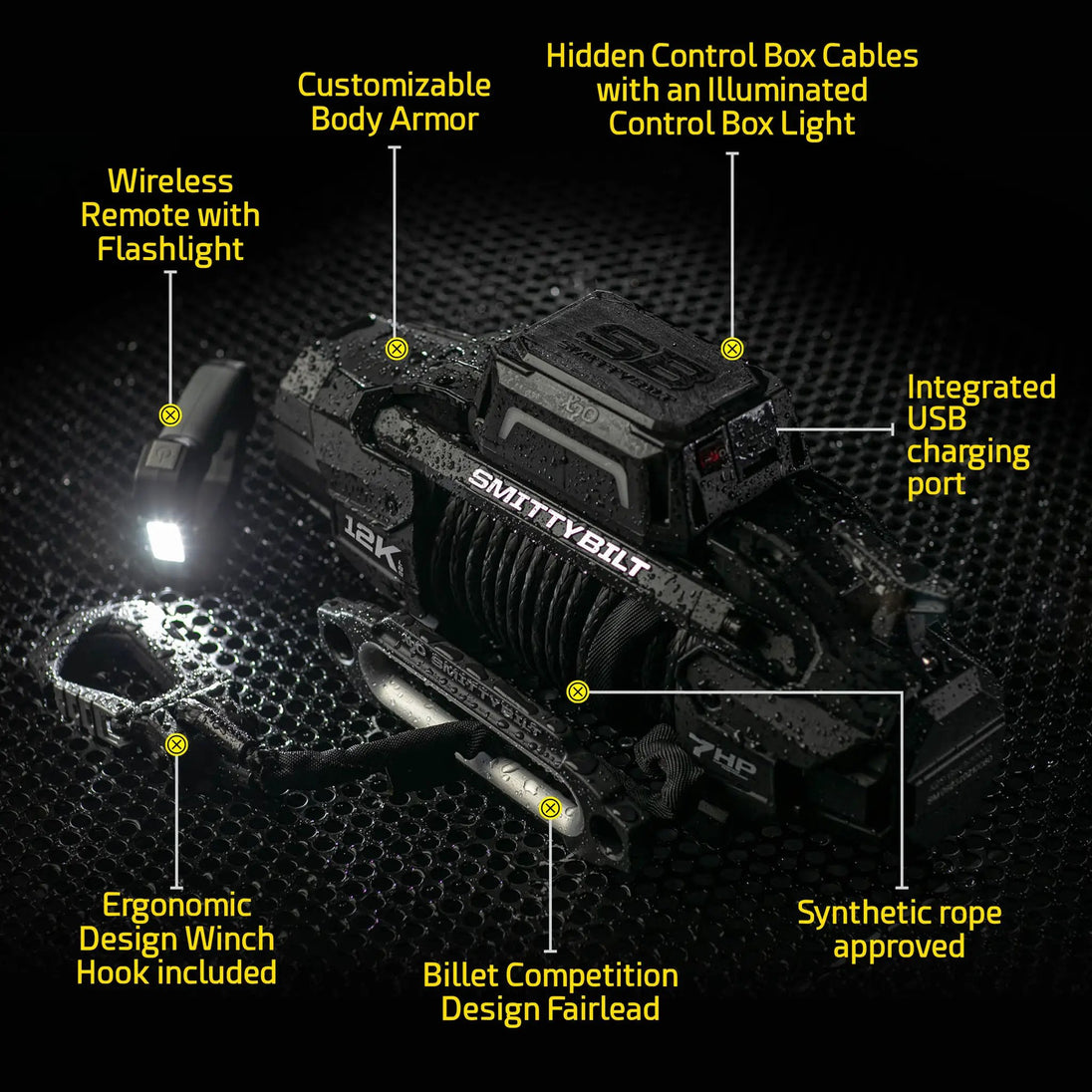 X20 Gen 3 10K Smittybilt winch with synthetic rope for off-road vehicle recovery