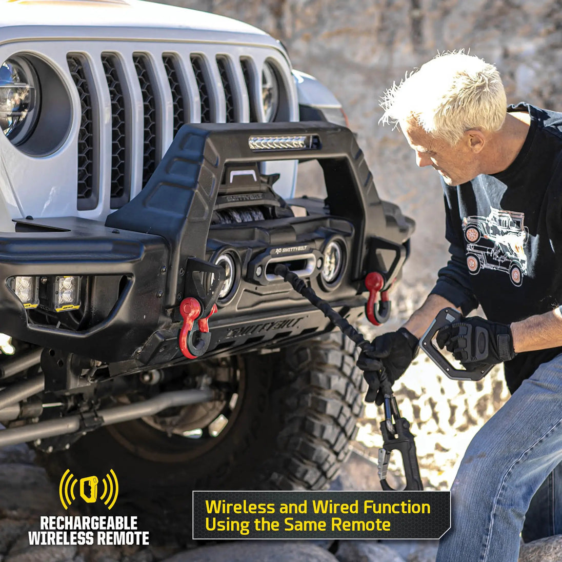 Smittybilt X20 Gen 3 10K electric winch with synthetic rope on rugged off-road Jeep bumper
