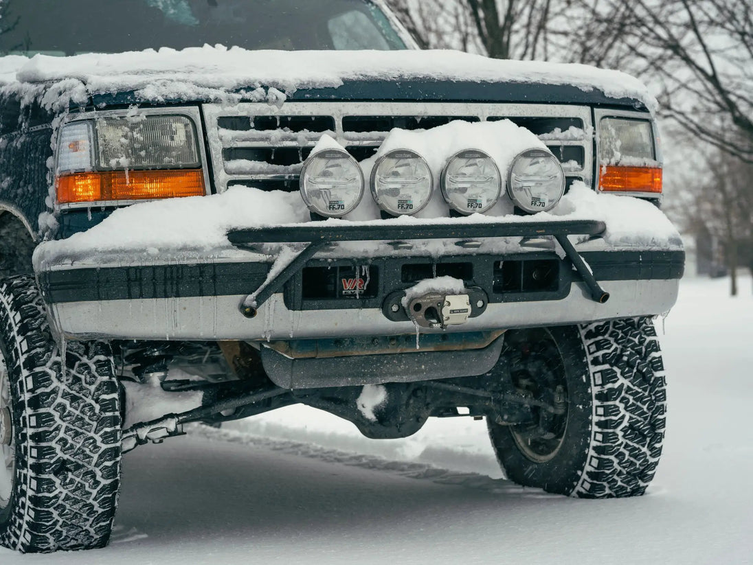 OBS Ford Hidden Winch Mount bumper JC Customs 1987-1996 F-Series, black steel with four round lights
