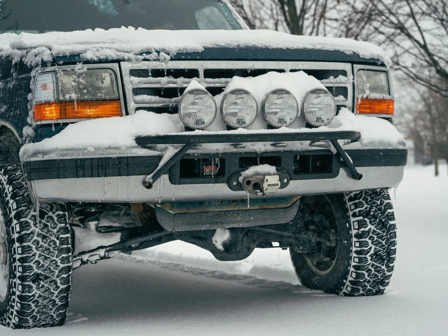 OBS Ford Hidden Winch Mount bumper JC Customs 1987-1996 F-Series, black steel with four round lights