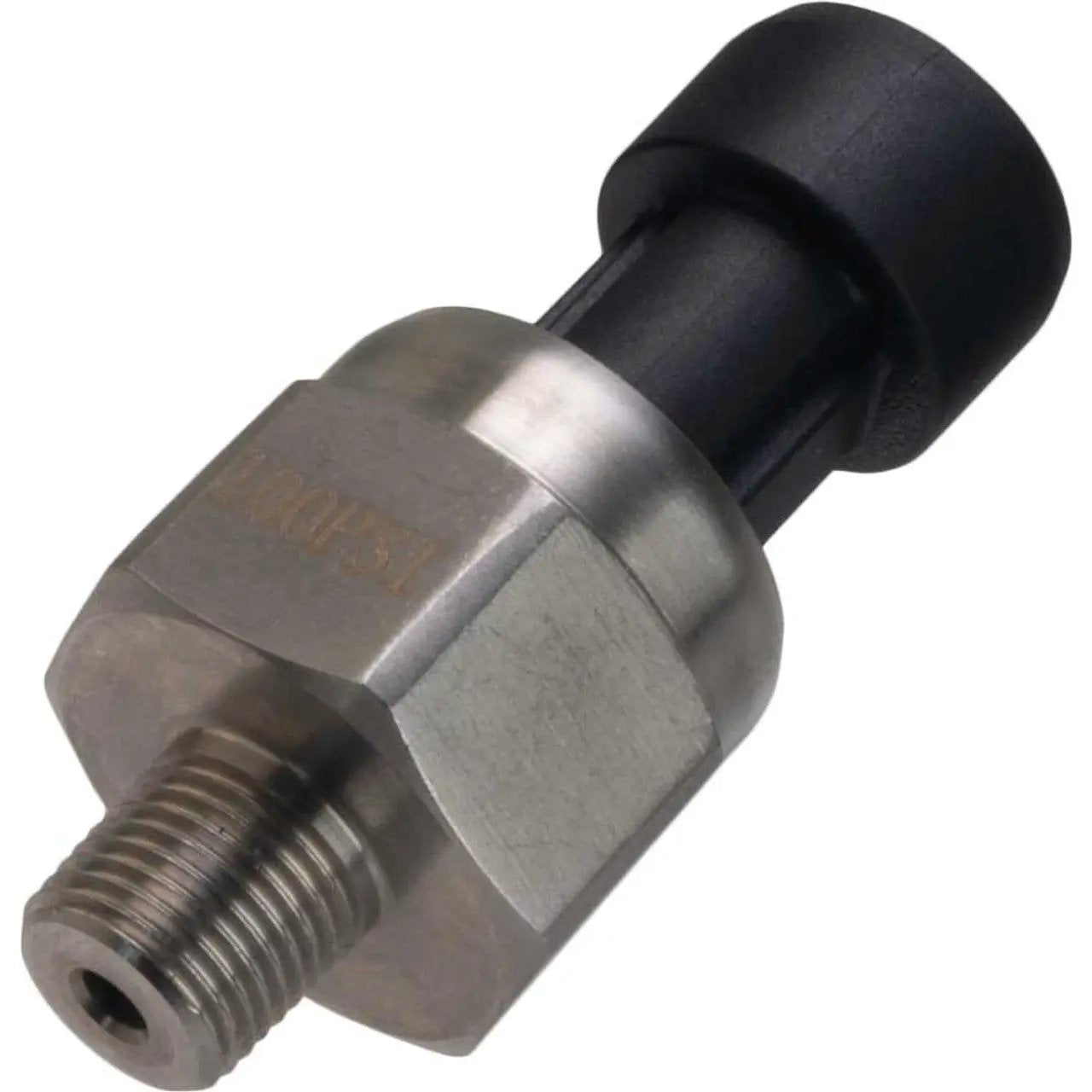 Power Driven Diesel 100 psi Replacement Pressure Sensor; metal hex body with male threaded end and black plastic cap.