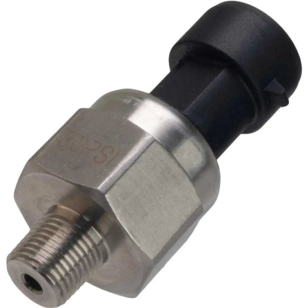 Power Driven Gauges 30 psi replacement pressure sensor, metal body with black plastic connector and threaded inlet