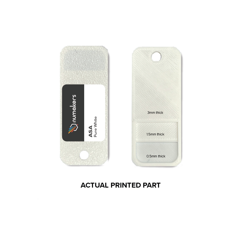Numakers ASA filament packaging card in white with logo; shows three thickness swatches: 3mm, 1.5mm, 0.5mm.