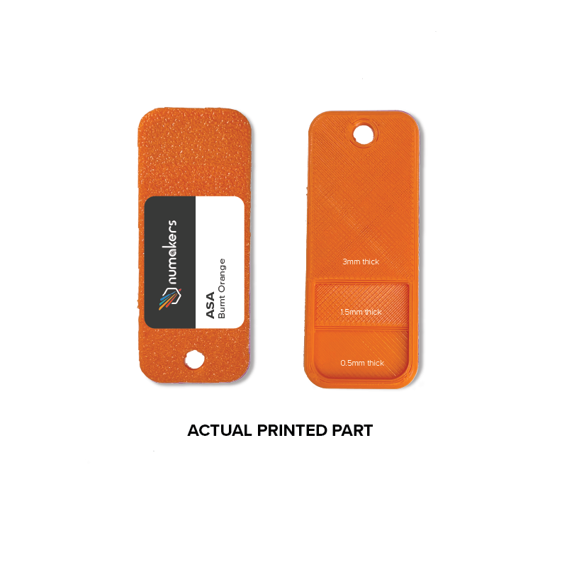 Numakers ASA Filament orange 2-pack plastic tags with branding and thickness indicators for 3D printer accessories